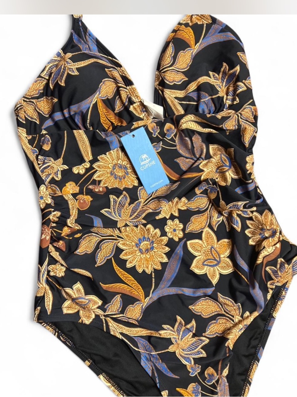 Cupshe Black One-Piece Swimsuit with Gold and Blue Floral Pattern